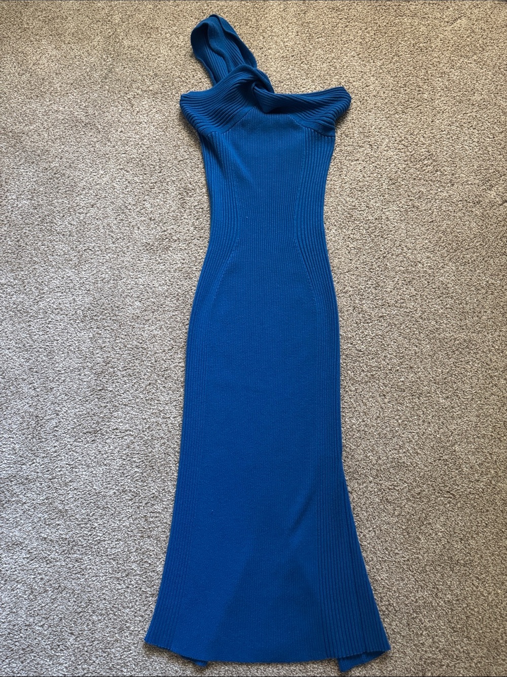 Cobalt One-Shoulder Ribbed Midi Dress